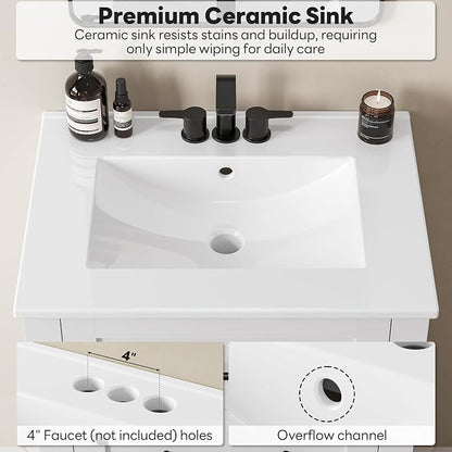 LIKIMIO 24" Bathroom Vanity with Sink, 2 Drawers & Open Shelf, White | Freestanding Bathroom Vanity, Integrated Ceramic Sink, U-Shaped Drawers, Modern Bathroom Storage Cabinet, Easy Assembly