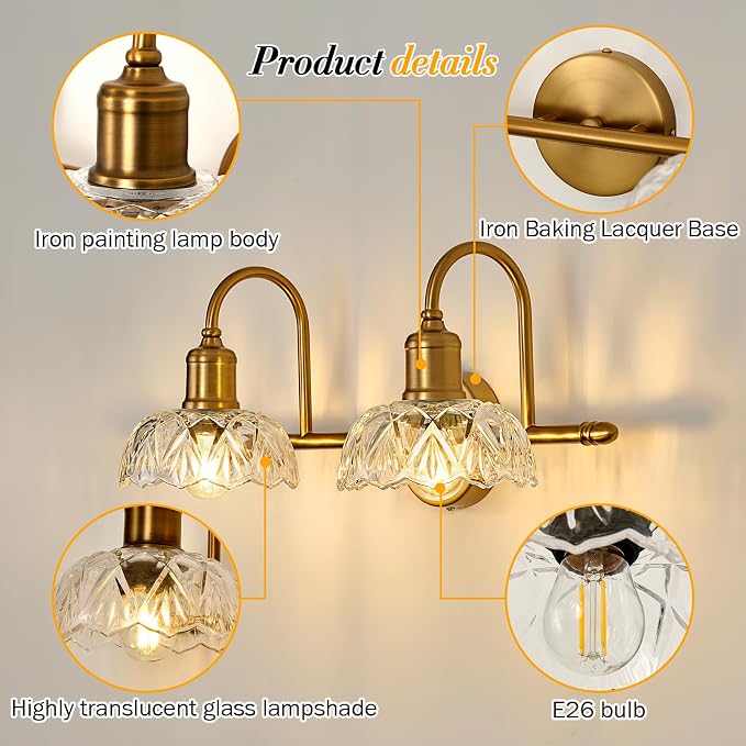 UOFUS Vintage Bathroom Light Fixtures Gold Bathroom Vanity Light Matte Antique Brass 2-Light Wall Sconces Lighting for Bedroom Living Room Hallway