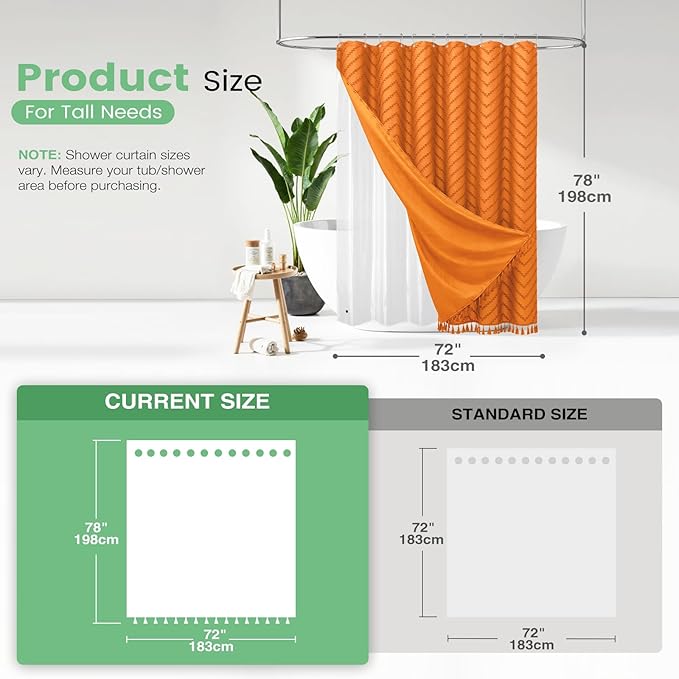 Dynamene Long Shower Curtain and Liner Set - 78 inch Tall Boho Shower Curtain and Waterproof Clear Liner, Tufted Chevron Striped Textured Tassel Shower Curtains for Bathroom, 12 Hooks, 72x78, Orange