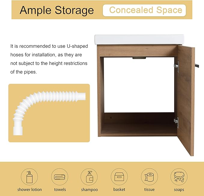 Malwee 18" Floating Bathroom Vanity with Sink, 18 Inch Single Sink Wall Mounted Bathroom Vanity, with 1 Door and White Ceramic Basin Top, Modern Bath Wall-hung Storage Cabinet for Small Space (015-18)