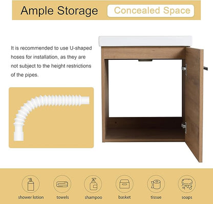 Malwee 18" Floating Bathroom Vanity with Sink, 18 Inch Single Sink Wall Mounted Bathroom Vanity, with 1 Door and White Ceramic Basin Top, Modern Bath Wall-hung Storage Cabinet for Small Space (015-18)