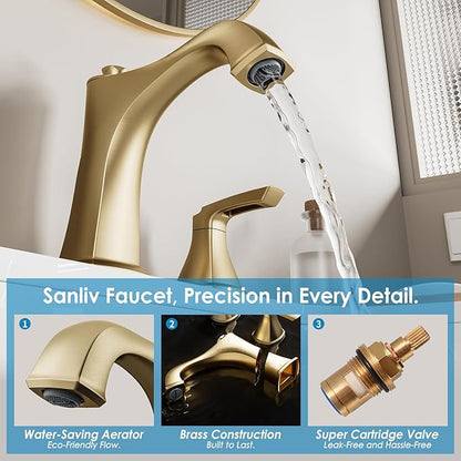 Widespread Bathroom Faucet 3 Hole, Brushed Gold 4-16 Inch Bathroom Sink Faucets, Two Handle Vanity Faucet 3 Holes with Drain Assembly, Brushed Gold