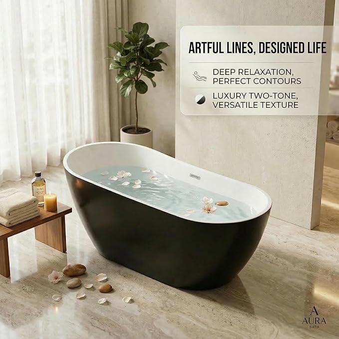 Garvee 67" Deep Soaking Bathtub, Non-Slip Acrylic Tub with Chrome Drain, cUPC Certified, Ergonomic Modern Bath for Bathrooms, Easy-Install, Black Upturned