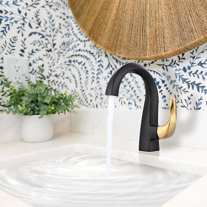 WOWOW Single Handle Bathroom Faucet 1 Hole High Arc Bathroom Basin Faucet Black and Gold with Pop-up Drain, Solid Brass Commercial Bathroom Sink Basin Vanity Bar Faucet (Patented Product)