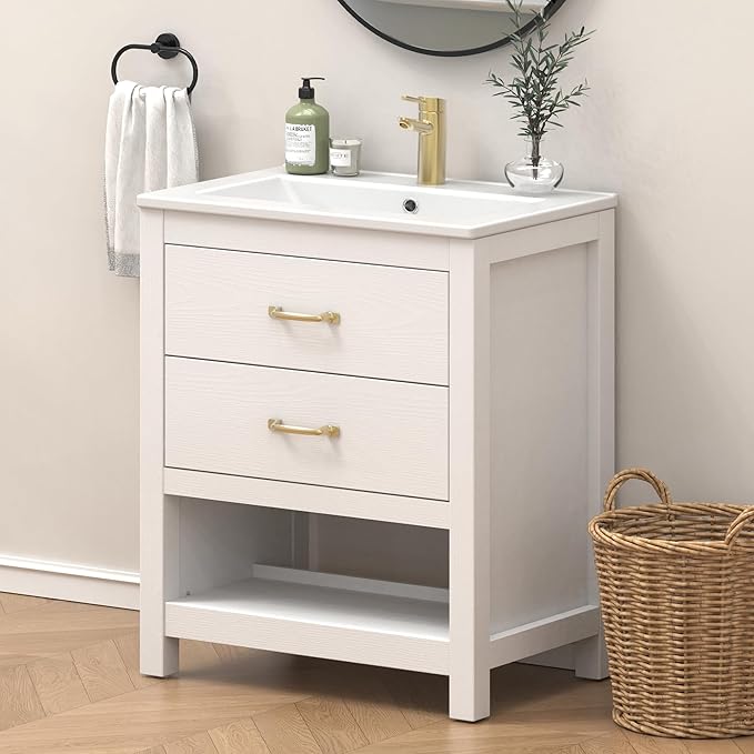 Bathroom Vanity with Sink 24 Inch, Modern Bathroom Cabinet Set with LED Light for Small Space, 2 Soft-Close Drawers with Organizer, Deep and Sloped Single Sink, Easy Assembly, White