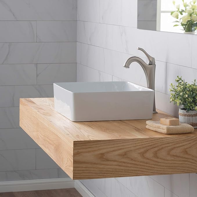 KRAUS Viva™ Square White Porcelain Ceramic Vessel Bathroom Sink with Pop-Up Drain, 15 5/8 in. L x 15 5/8 in. W x 5 1/8 in. H, KCV-202GWH