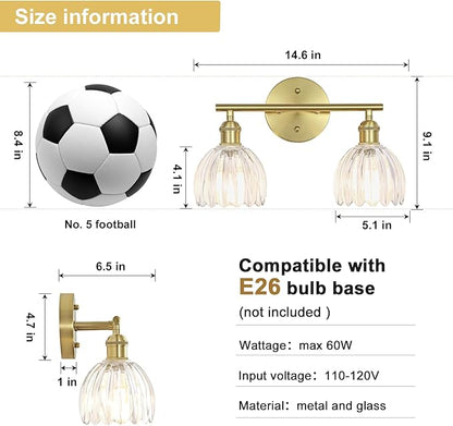 Vintage Bathroom Light Fixtures,2-Light Hardwired Vanity Lights with Clear Tulip Glass Shade,Gold Bathroom Vanity Light for Mirror Restroom,E26 Socket,14.57 in(Bulbs Not Included)