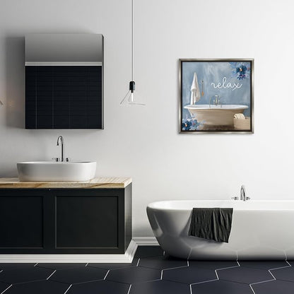 Blue Floral Bathroom Relax Scene, 24 x 24 Inch Canvas in Floater Frame | Stupell Industries · By Kim Allen · Ready to hang · Perfect for bath or laundry decor · Made in USA