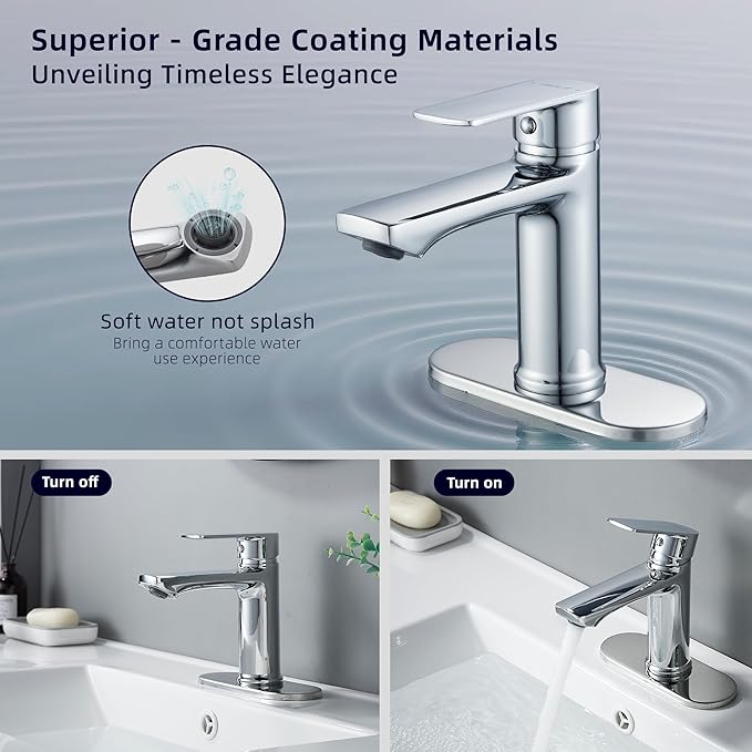 BELZ Chrome Bathroom Faucet, Modern Single Handle One Hole Bath Vanity Sink Faucets with Pop Up Drain and Deck Plate for 1 or 3 Holes