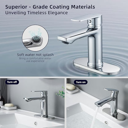 BELZ Chrome Bathroom Faucet, Modern Single Handle One Hole Bath Vanity Sink Faucets with Pop Up Drain and Deck Plate for 1 or 3 Holes