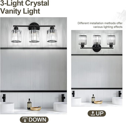 Crystal Bathroom Light Fixtures, Bathroom Lighting Fixtures Over Mirror, Modern Black 3-Light Vanity Lights for Mirror, Restroom, Bedroom (Ceramic E26 Socket,Bulbs Not Include)