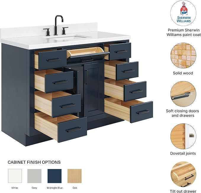 Isabella 48-Inch Bathroom Vanity with Sink — Midnight Blue Single Sink Bathroom Vanity, 1.5" Edge Carrara Quartz Countertop, Solid Wood, 2 Soft-Close Doors, 8 Dovetail Drawers + Tilt Drawer