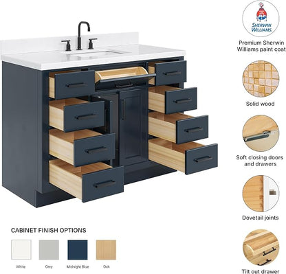 Isabella 48-Inch Bathroom Vanity with Sink — Midnight Blue Single Sink Bathroom Vanity, 1.5" Edge Carrara Quartz Countertop, Solid Wood, 2 Soft-Close Doors, 8 Dovetail Drawers + Tilt Drawer