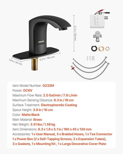 VEVOR Touchless Bathroom Sink Faucet, Automatic Motion Sensor Restroom Toilet Faucet with Hole Cover Plate, Battery Operated,Adjustable Temperature for 9/16 in Pipe Commercial Lavatory,Matte Black