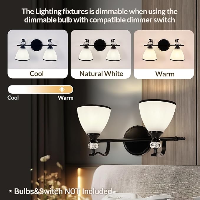 Bathroom Lighting Fixtures Over Mirror, 2-Light Matte Black Vanity Light with Frosted Glass, Anti-Rust Metal Framed Bathroom Wall Lamp Sconces for Mirror Bedroom, Living Room Hallway