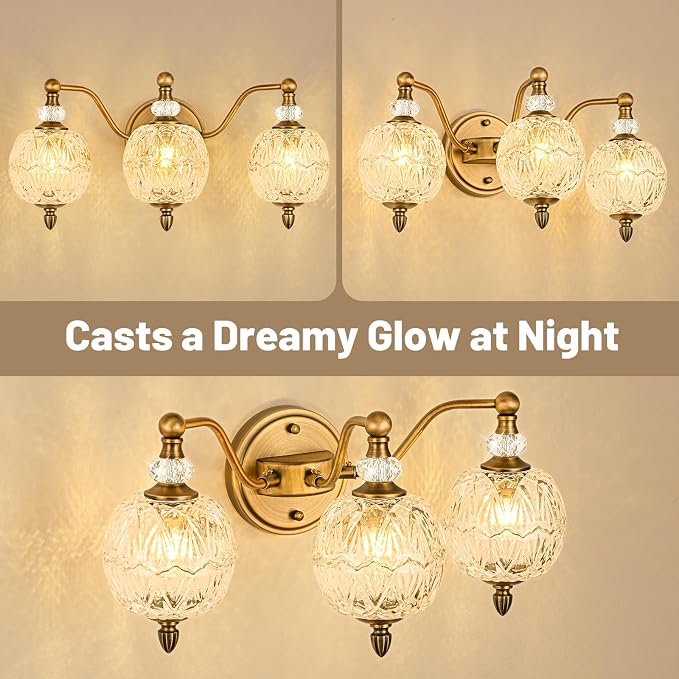 Vintage Bathroom Vanity Light, 3-Light Mid Century Matte Antique Brass Finish Wall Sconce with Globe Glass Shades, Retro Mirror Light for Bathroom, Powder Room