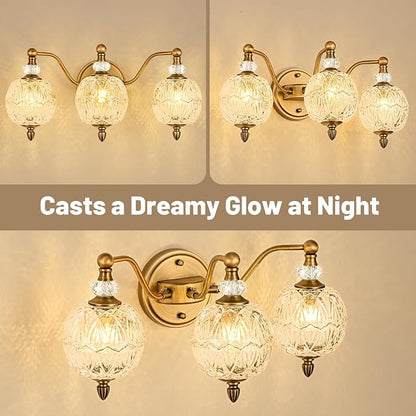Vintage Bathroom Vanity Light, 3-Light Mid Century Matte Antique Brass Finish Wall Sconce with Globe Glass Shades, Retro Mirror Light for Bathroom, Powder Room