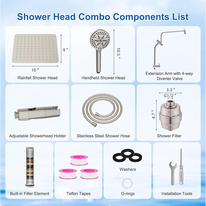 Metal 10" Filtered Rainfall Showerhead Combo, Easy Reach, Brushed Nickel | 4-Way Diverter with Pause Mode, High Pressure Shower Head with 10-Spray Handheld, 71" Hose/12" Extension Arm/Holder