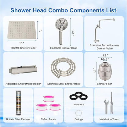 Metal 10" Filtered Rainfall Showerhead Combo, Easy Reach, Brushed Nickel | 4-Way Diverter with Pause Mode, High Pressure Shower Head with 10-Spray Handheld, 71" Hose/12" Extension Arm/Holder