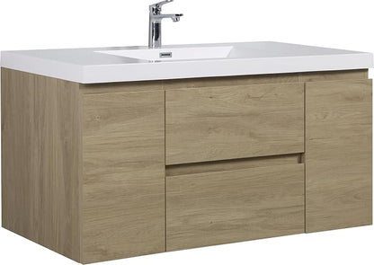 Floating Bathroom Vanity with Sink, 48" Wall-Mounted Bathroom Vanity | Resin Top Basin and Soft Close Drawers, No Assembly Required, Natural Oak