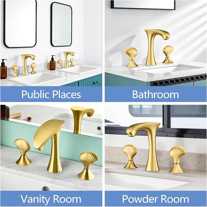 Brushed Gold Bathroom Faucet 3 Hole, 8 Inch Widespread Bathroom Sink Faucet for Vanity, 2 Handle Bathroom Faucets, Bathroom Vanity Faucet with Pop-Up Drain and Supply Hoses