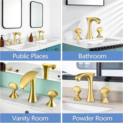 Brushed Gold Bathroom Faucet 3 Hole, 8 Inch Widespread Bathroom Sink Faucet for Vanity, 2 Handle Bathroom Faucets, Bathroom Vanity Faucet with Pop-Up Drain and Supply Hoses