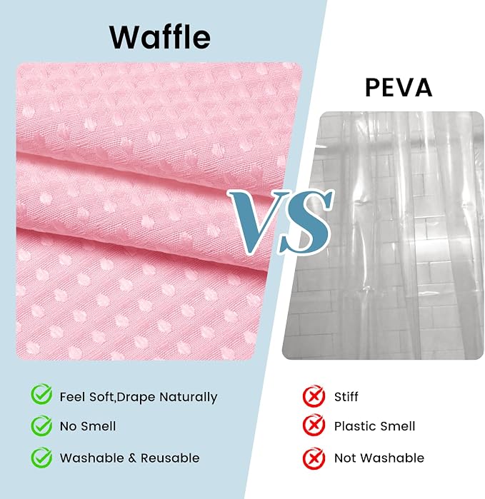 SORTTO No Hook Shower Curtain with Snap in Liner Set Waffle Shower Curtain for Bathroom Hotel Style Fabric Waterproof Inner Liner，71" W x 74" H, Pink