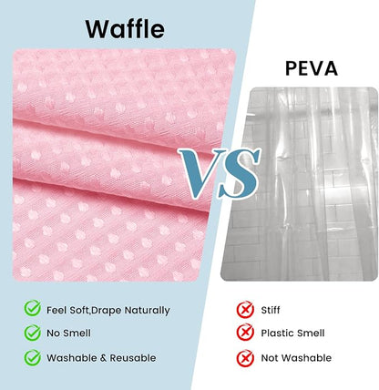 SORTTO No Hook Shower Curtain with Snap in Liner Set Waffle Shower Curtain for Bathroom Hotel Style Fabric Waterproof Inner Liner，71" W x 74" H, Pink