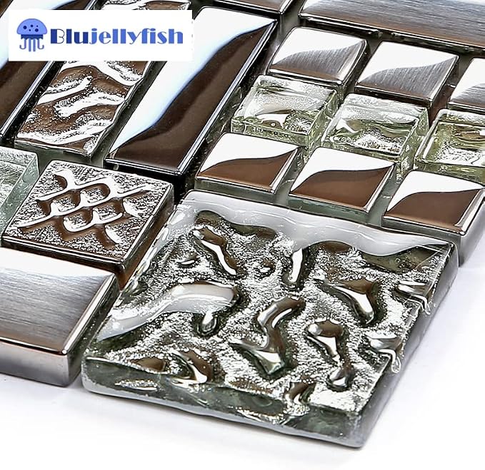 Metallic Glass Mosaic Tiles Silver Gray 100% Glass Tile Water Resistant for Kitchen Backsplash Bathroom Shower Accent Wall Decor TSTGT151 (5 Square Feet)