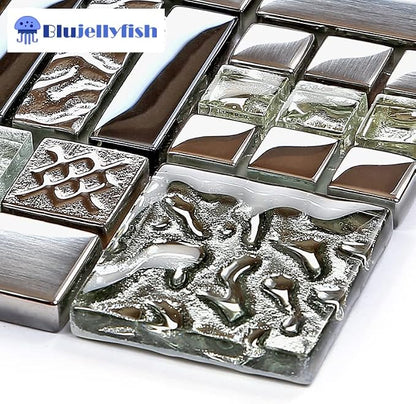 Metallic Glass Mosaic Tiles Silver Gray 100% Glass Tile Water Resistant for Kitchen Backsplash Bathroom Shower Accent Wall Decor TSTGT151 (5 Square Feet)