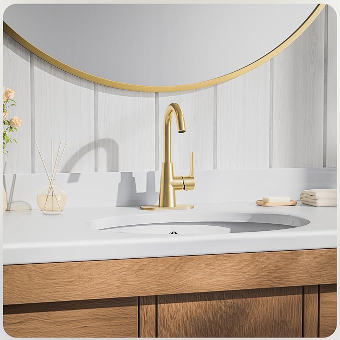 Phiestina Brushed Gold Single-Handle 4 Inch Bathroom Sink Faucet with Deck Plate and Supply Hoses, Bar Sink Faucet/Pre-Kitchen Sink Faucet with 360 Degree Rotation Spout, WE10-BG