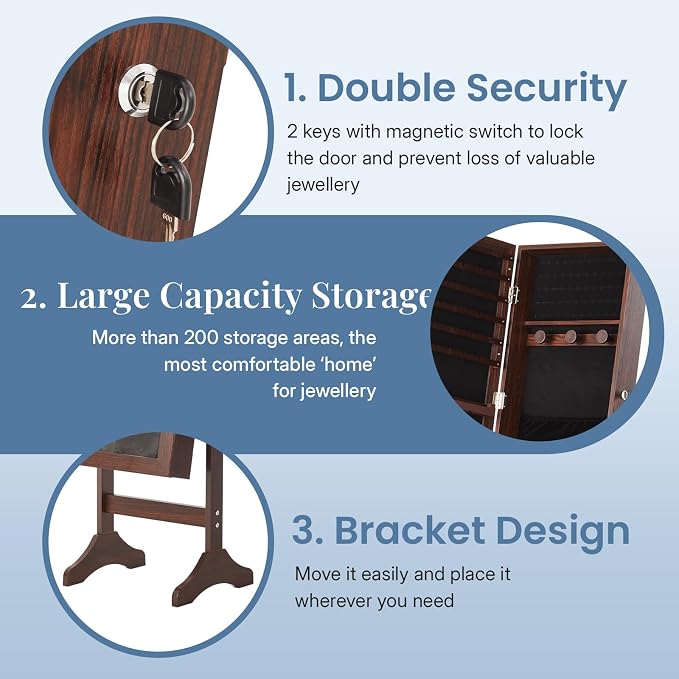 DUMOS Freestanding Jewelry Organizer Cabinet with Full Length Mirror | Standing Jewelry Armoire, Lockable, 47.3" Mirror with Storage, 2 Drawers, 3 Adjustable Angles (13°/23°/30°), Rustic Brown