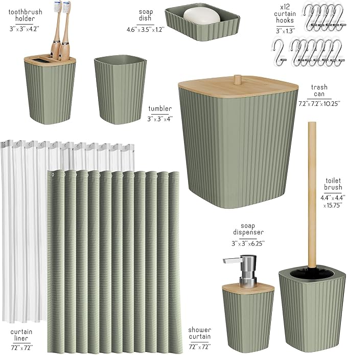 Clara Clark Bathroom Accessories Set - Bathroom Set, Bathroom Accessory Set, Shower Curtain Set, Toilet Brush, Trash Can & Soap Dispenser - Sage Green - 20PC | 20 Piece Sage Green Bathroom Accessories Set with Toothbrush Holder, Soap Dispenser, Soap Di...