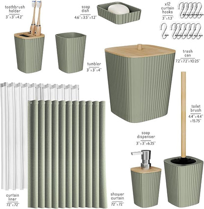 Clara Clark Bathroom Accessories Set - Bathroom Set, Bathroom Accessory Set, Shower Curtain Set, Toilet Brush, Trash Can & Soap Dispenser - Sage Green - 20PC | 20 Piece Sage Green Bathroom Accessories Set with Toothbrush Holder, Soap Dispenser, Soap Di...