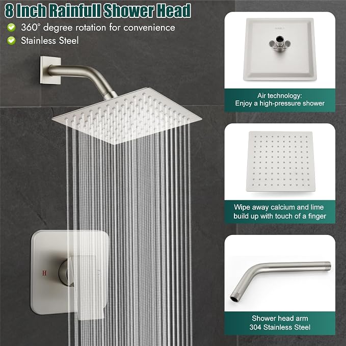 Heyalan 8-Inch Square Rain Shower Faucet Set with Valve, Brushed Nickel | SUS304 stainless steel shower head, male NPT 1/2-inch valve, single-handle control, adjustable angle, 1.8 GPM