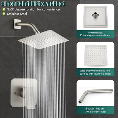 Heyalan 8-Inch Square Rain Shower Faucet Set with Valve, Brushed Nickel | SUS304 stainless steel shower head, male NPT 1/2-inch valve, single-handle control, adjustable angle, 1.8 GPM