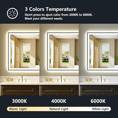 60x36 LED Bathroom Mirror with Lights, Black Framed Lighted Mirror | Backlit and Front Light, Anti-Fog, 3 Color Dimmable, Memory, Tempered Glass, IP54 Waterproof, UL Listed