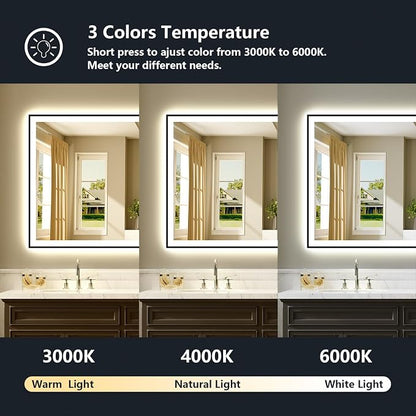 66x40 LED Bathroom Mirror with Lights, Black Framed Lighted Mirror | Backlit and Front Light, Anti-Fog, 3 Color Dimmable, Memory, Tempered Glass, IP54 Waterproof, UL Listed