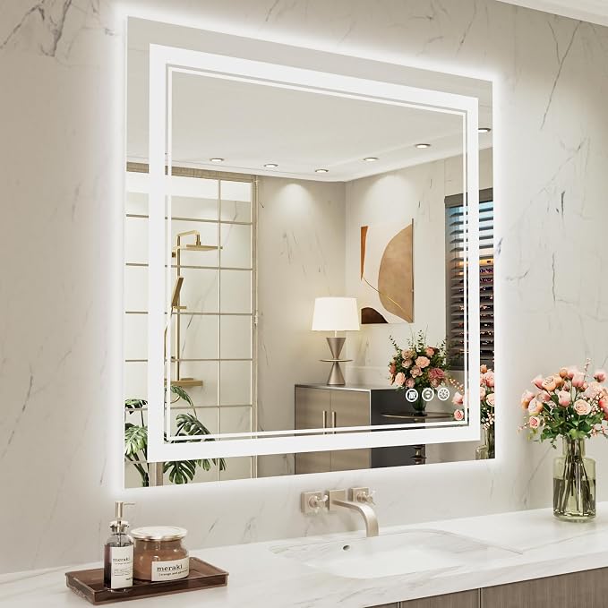 40x38 Inch LED Bathroom Mirror with Lights | Front and Backlit, 3 Colors, Dimmable, Memory, Anti Fog, Shatterproof, Horizontal/Vertical, Lighted Mirrors for Bathroom Wall