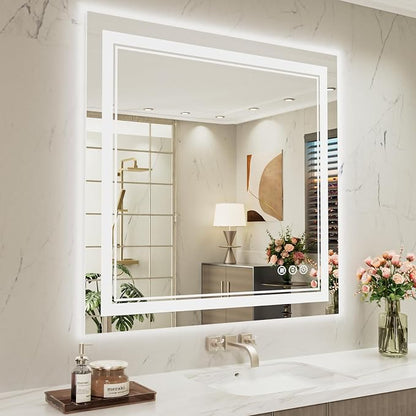 40x38 Inch LED Bathroom Mirror with Lights | Front and Backlit, 3 Colors, Dimmable, Memory, Anti Fog, Shatterproof, Horizontal/Vertical, Lighted Mirrors for Bathroom Wall