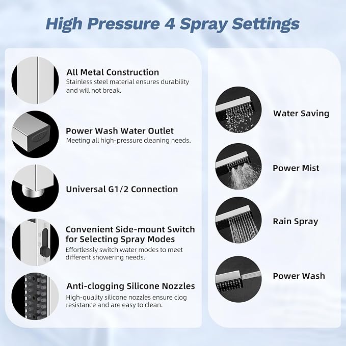 Hibbent 5-Mode 13" Rain Shower head, 4-Spray Metal Handheld Shower, Chrome | cUPC Certified High Pressure Showerhead Combo, All Metal 4-way Diverter with Extension Arm, 71'' Hose & Easy Reach Holder