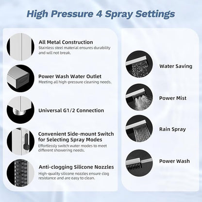 Hibbent 5-Mode 13" Rain Shower head, 4-Spray Metal Handheld Shower, Chrome | cUPC Certified High Pressure Showerhead Combo, All Metal 4-way Diverter with Extension Arm, 71'' Hose & Easy Reach Holder
