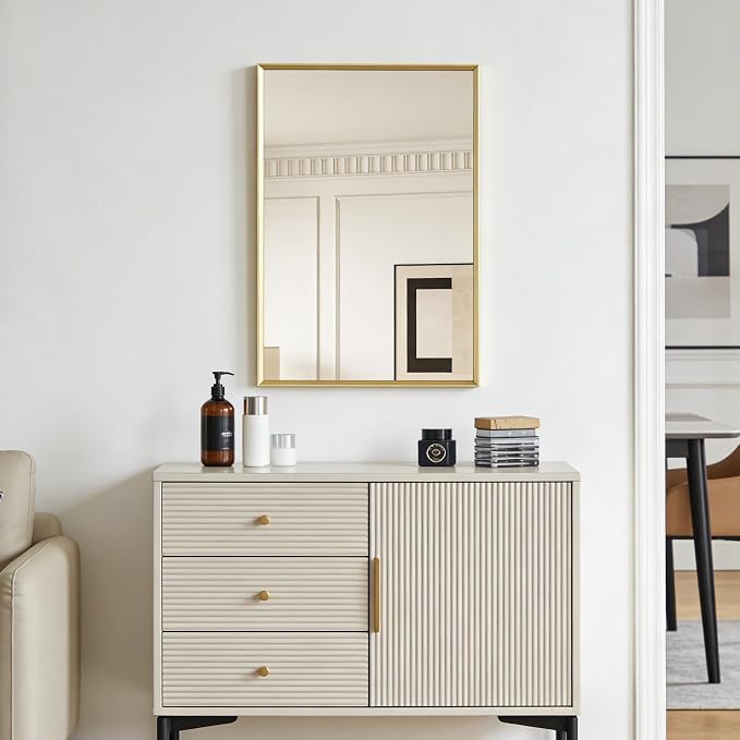 Bathroom Wall Mirror, 16" x 24" Brushed Gold Vanity Mirror for Over Sink | Rectanglar Metal Framed Mirror for Over Sink, Tempered Glass, Anti-Rust, Hangs Horizontally or Vertically