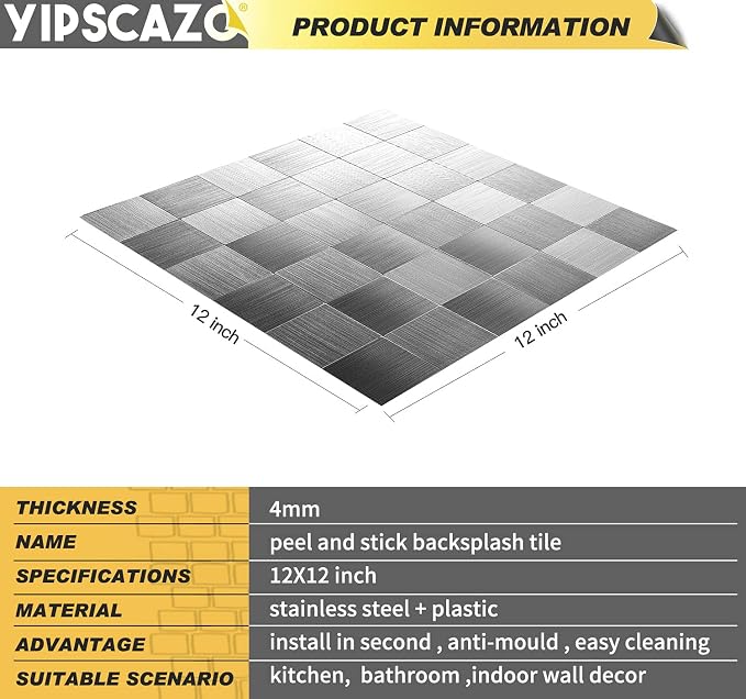 Yipscazo 10 Sheet Peel and Stick Backsplash Mosaic Tiles Stainless Steel Metal Look Kitchen Backsplash Stick on Tiles for Stove, Bathroom, Laundry in Silver (11.8'' x 11.8'')