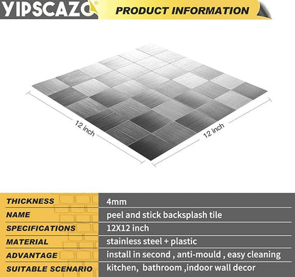 Yipscazo 10 Sheet Peel and Stick Backsplash Mosaic Tiles Stainless Steel Metal Look Kitchen Backsplash Stick on Tiles for Stove, Bathroom, Laundry in Silver (11.8'' x 11.8'')