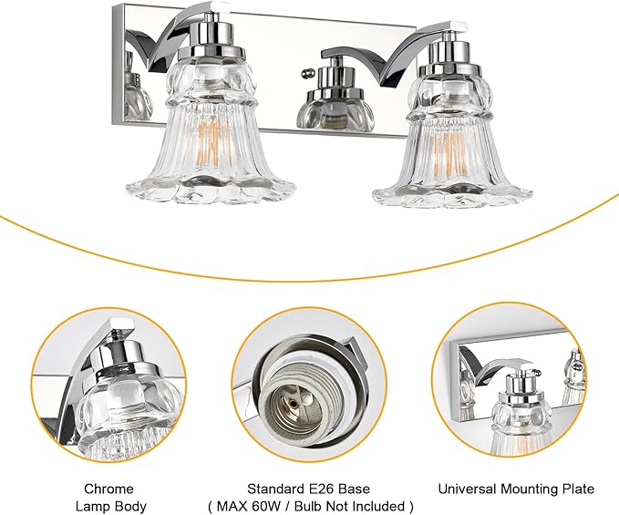 Vintage 2-Light Bathroom Vanity Light, Chrome Bathroom Light Fixtures with Floral Clear Glass Shades, Antique Wall Sconce Fixtures for Dressing Table, Bedroom