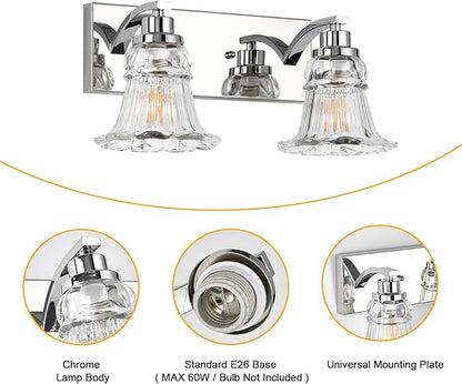 Vintage 2-Light Bathroom Vanity Light, Chrome Bathroom Light Fixtures with Floral Clear Glass Shades, Antique Wall Sconce Fixtures for Dressing Table, Bedroom