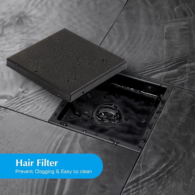 Square Shower Drain Black 6 inch with 2 in 1 Tile-Insert Cover | AISI 304 Stainless Steel Brushed Shower Floor Drain with Removable Hair Catcher and Flange Fits Bathroom Balcony Kitchen