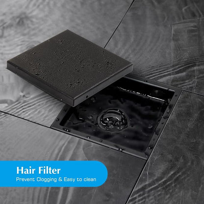 Square Shower Drain Black 6 inch with 2 in 1 Tile-Insert Cover | AISI 304 Stainless Steel Brushed Shower Floor Drain with Removable Hair Catcher and Flange Fits Bathroom Balcony Kitchen