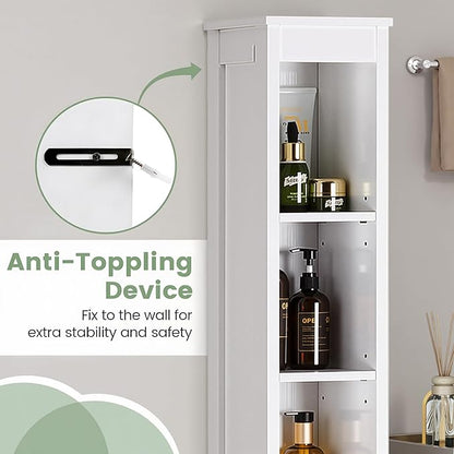VECELO Narrow Bathroom Storage Cabinet with 3 Adjustable Shelves, 71" Tall Freestanding Cabinet with Toilet Paper Holder, Slim Tower Cabinet with Magnetic Door, for Small Spaces, White